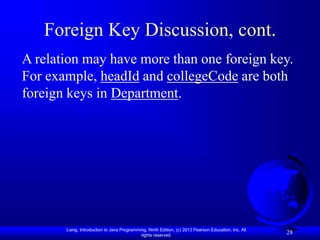 Liang, Introduction to Java Programming, Ninth Edition, (c) 2013 Pearson Education, Inc. All
rights reserved.
28
Foreign Key Discussion, cont.
A relation may have more than one foreign key.
For example, headId and collegeCode are both
foreign keys in Department.
 