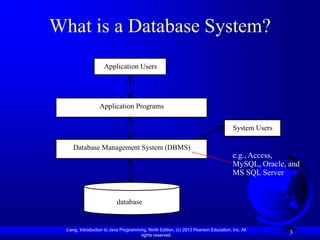 Liang, Introduction to Java Programming, Ninth Edition, (c) 2013 Pearson Education, Inc. All
rights reserved.
3
What is a Database System?
Database Management System (DBMS)
Application Programs
System Users
Application Users
database
e.g., Access,
MySQL, Oracle, and
MS SQL Server
 