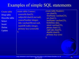 Liang, Introduction to Java Programming, Ninth Edition, (c) 2013 Pearson Education, Inc. All
rights reserved.
30
Examples of simple SQL statements
Create table
Drop table
Describe table
Select
Insert
Delete
Update
create table Course (
courseId char(5),
subjectId char(4) not null,
courseNumber integer,
title varchar(50) not null,
numOfCredits integer,
primary key (courseId)
);
create table Student (
ssn char(9),
firstName varchar(25),
mi char(1),
lastName varchar(25),
birthDate date,
street varchar(25),
phone char(11),
zipCode char(5),
deptId char(4),
primary key (ssn)
);
 