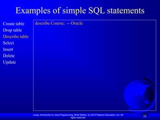 Liang, Introduction to Java Programming, Ninth Edition, (c) 2013 Pearson Education, Inc. All
rights reserved.
32
Examples of simple SQL statements
Create table
Drop table
Describe table
Select
Insert
Delete
Update
describe Course; -- Oracle
 