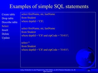 Liang, Introduction to Java Programming, Ninth Edition, (c) 2013 Pearson Education, Inc. All
rights reserved.
33
Examples of simple SQL statements
Create table
Drop table
Describe table
Select
Insert
Delete
Update
select firstName, mi, lastName
from Student
where deptId = 'CS';
select firstName, mi, lastName
from Student
where deptId = 'CS' and zipCode = '31411';
select *
from Student
where deptId = 'CS' and zipCode = '31411';
 