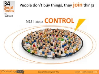 People don’t buy things, they join things


   NOT about CONTROL




          Copyright Marketing Nutz 2012   social biz with a side of nutz!
 