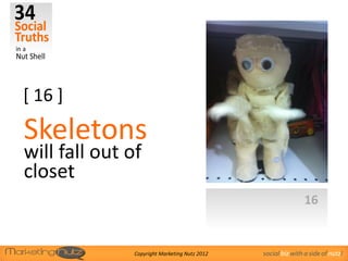 [ 16 ]
Skeletons
will fall out of
closet
                                                               16


               Copyright Marketing Nutz 2012   social biz with a side of nutz!
 