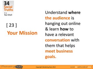Understand where
                        the audience is
[ 23 ]                  hanging out online
                        & learn how to
Your Mission            have a relevant
                        conversation with
                        them that helps
                        meet business
                        goals.

           Copyright Marketing Nutz 2012   social biz with a side of nutz!
 