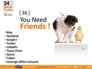[ 26 ]
           You Need
           Friends !
• Blog
• Facebook
• Google+
• Twitter
• LinkedIn
                                                                        26
• Tweet Chats
• Quora
• Triberr
• Leverage offline network
                       Copyright Marketing Nutz 2012   social biz with a side of nutz!
 