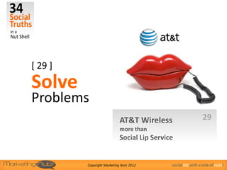 [ 29 ]
Solve
Problems
                            AT&T Wireless                      29
                            more than
                            Social Lip Service


         Copyright Marketing Nutz 2012       social biz with a side of nutz!
 