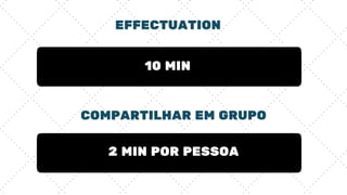 EFFECTUATION
10 MIN
COMPARTILHAR EM GRUPO
2 MIN POR PESSOA
 