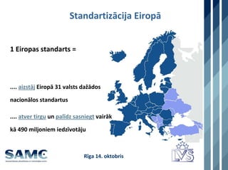 Standartizācija Eiropā


1 Eiropas standarts =



.... aizstāj Eiropā 31 valsts dažādos 

nacionālos standartus

.... atver tirgu un palīdz sasniegt vairāk 

kā 490 miljoniem iedzīvotāju 



                              ī14.ǰٴǲ
 