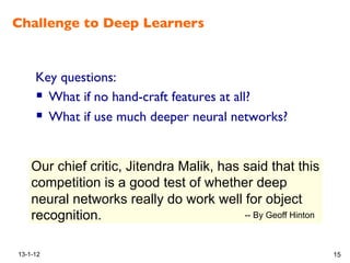 Challenge to Deep Learners!
13-1-12 15
!
Key questions:!
!  What if no hand-craft features at all? !
!  What if use much deeper neural networks? !
Experiment on ImageNet 1000 classes
(1.3 million high-resolution training images)
•  The 2010 competition winner got 47% error for
its first choice and 25% error for top 5 choices.
•  The current record is 45% error for first choice.
– This uses methods developed by the winners
of the 2011 competition.
•  Our chief critic, Jitendra Malik, has said that this
competition is a good test of whether deep
neural networks really do work well for object
recognition. -- By Geoff Hinton
 
