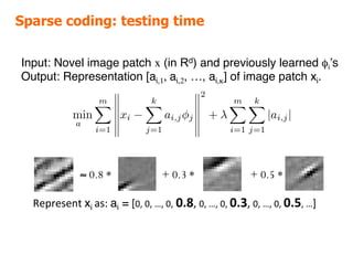 Sparse coding: testing time
Input: Novel image patch x (in Rd) and previously learned φi’s"
Output: Representation [ai,1, ai,2, …, ai,κ] of image patch xi. "
≈ 0.8 * + 0.3 * + 0.5 *
Represent)xi as:)ai =)[0,)0,)…,)0,)0.8,)0,)…,)0,)0.3,)0,)…,)0,)0.5,)…]))
min
a,
mX
i=1
xi
kX
j=1
ai,j⇥j
2
+
mX
i=1
kX
j=1
|ai,j|
 