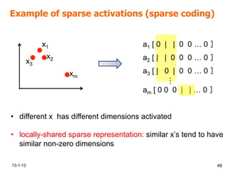 Example of sparse activations (sparse coding)
13-1-12 48
•  different x has different dimensions activated
•  locally-shared sparse representation: similar x’s tend to have
similar non-zero dimensions
a1 [ 0 | | 0 0 … 0
a2 [ | | 0 0 0 … 0
am [ 0 0 0 | | … 0
…
a3 [ | 0 | 0 0 … 0
x1
x2
x3
xm
 