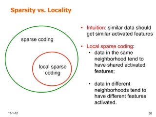 Sparsity vs. Locality
13-1-12 50
sparse coding
local sparse
coding
•  Intuition: similar data should
get similar activated features
•  Local sparse coding:
•  data in the same
neighborhood tend to
have shared activated
features;
•  data in different
neighborhoods tend to
have different features
activated.
 