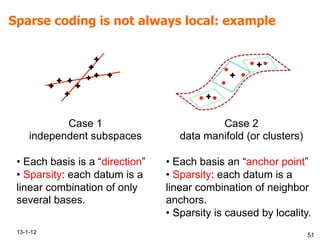 Sparse coding is not always local: example
13-1-12
51
Case 2
data manifold (or clusters)
• Each basis an “anchor point”
• Sparsity: each datum is a
linear combination of neighbor
anchors.
• Sparsity is caused by locality.
Case 1
independent subspaces
• Each basis is a “direction”
• Sparsity: each datum is a
linear combination of only
several bases.
 