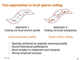 Two approaches to local sparse coding
13-1-12
53
Approach 2
Coding via local subspaces
Approach 1
Coding via local anchor points
-  Sparsity achieved by explicitly ensuring locality
-  Sound theoretical justifications
-  Much simpler to implement and compute
-  Strong empirical success
Local coordinate coding Super-vector coding
 