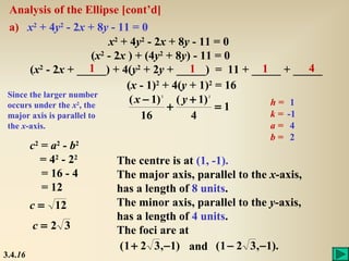 Analysis of the Ellipse [cont’d]
 a) x2 + 4y2 - 2x + 8y - 11 = 0
                             x2 + 4y2 - 2x + 8y - 11 = 0
                         (x2 - 2x ) + (4y2 + 8y) - 11 = 0
                        1                       1          1
       (x2 - 2x + _____) + 4(y2 + 2y + _____) = 11 + _____ + _____  4
                                 (x - 1)2 + 4(y + 1)2 = 16
 Since the larger number
                                  ( x − 1) ( y + 1)
                                  2         2

 occurs under the x2, the                  +          =1     h= 1
 major axis is parallel to           16         4            k = -1
 the x-axis.                                             a= 4
                                                         b= 2
         c2 = a2 - b2
            = 4 2 - 22   The centre is at (1, -1).
            = 16 - 4     The major axis, parallel to the x-axis,
            = 12         has a length of 8 units.
         c = 12          The minor axis, parallel to the y-axis,
                         has a length of 4 units.
         c=2 3           The foci are at
                         (1 + 2 3, −1) and (1 − 2 3, −1).
3.4.16
 