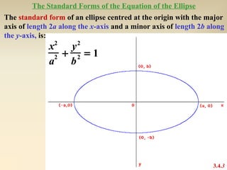 The Standard Forms of the Equation of the Ellipse
The standard form of an ellipse centred at the origin with the major
axis of length 2a along the x-axis and a minor axis of length 2b along
the y-axis, is:
               2       2
              x    y
                2 + 2 = 1
              a    b




                                                                  3.4.3
 