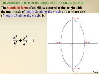 The Standard Forms of the Equation of the Ellipse [cont’d]
The standard form of an ellipse centred at the origin with
the major axis of length 2a along the y-axis and a minor axis
of length 2b along the x-axis, is:




         x2 y 2
           2 + 2 = 1
         b    a




                                                                3.4.4
 