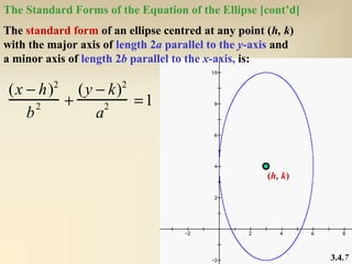 The Standard Forms of the Equation of the Ellipse [cont’d]
The standard form of an ellipse centred at any point (h, k)
with the major axis of length 2a parallel to the y-axis and
a minor axis of length 2b parallel to the x-axis, is:

 (x − h) (y − k)
          2             2

      2 +     2  =1
    b       a


                                                     (h, k)




                                                              3.4.7
 