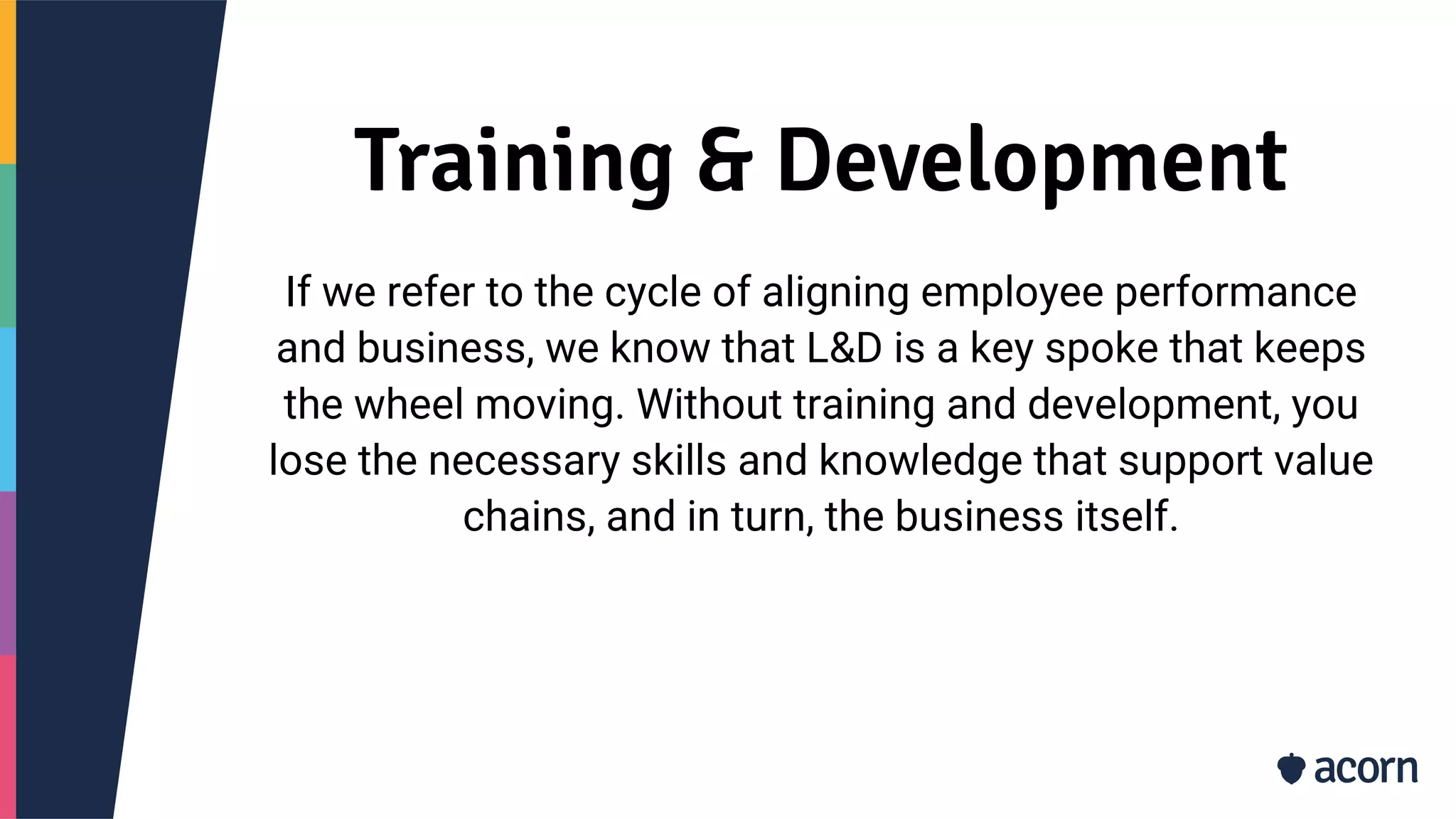 Training & Development
If we refer to the cycle of aligning employee performance
and business, we know that L&D is a key spoke that keeps
the wheel moving. Without training and development, you
lose the necessary skills and knowledge that support value
chains, and in turn, the business itself.
 