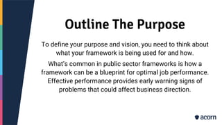 Outline The Purpose
To define your purpose and vision, you need to think about
what your framework is being used for and how.
What’s common in public sector frameworks is how a
framework can be a blueprint for optimal job performance.
Effective performance provides early warning signs of
problems that could affect business direction.
 