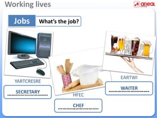 Working lives
……………………….
……………………….
What’s the job?Jobs
……………………….
CHEF
WAITER
SECRETARY
YARTCRESRE
HFEC
EARTWI
 