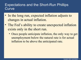 Expectations and the Short-Run Phillips Curve In the long run,   expected inflation adjusts to changes in actual inflation. The Fed’s ability to create unexpected inflation exists only in the short run. Once people anticipate inflation, the only way to get unemployment below the natural rate is for actual inflation to be above the anticipated rate. 