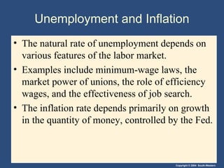 Unemployment and Inflation   The natural rate of unemployment depends on various features of the labor market. Examples include minimum-wage laws, the market power of unions, the role of efficiency wages, and the effectiveness of job search. The inflation rate depends primarily on growth in the quantity of money, controlled by the Fed. 