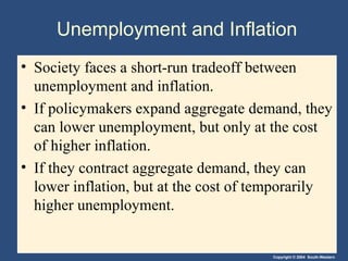 Unemployment and Inflation Society faces a short-run tradeoff between unemployment and inflation. If policymakers expand aggregate demand, they can lower unemployment, but only at the cost of higher inflation. If they contract aggregate demand, they can lower inflation, but at the cost of temporarily higher unemployment. 