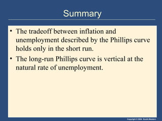 Summary The tradeoff between inflation and unemployment described by the Phillips curve holds only in the short run. The long-run Phillips curve is vertical at the natural rate of unemployment. 