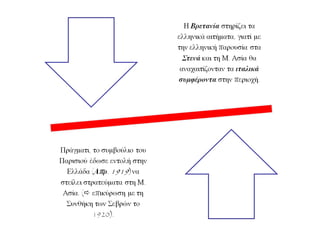 Η Βρετανία στηρίζει τα
ελληνικά αιτήματα, γιατί με
την ελληνική παρουσία στα
Στενά και τη Μ. Ασία θα
αναχαιτίζονταν τα ιταλικά
συμφέροντα στην περιοχή.
Πράγματι, το συμβούλιο του
Παρισιού έδωσε εντολή στην
Ελλάδα (Απρ. 1919) να στείλει
στρατεύματα στη Μ. Ασία. (
επικύρωση με τη Συνθήκη των
Σεβρών το 1920).
 