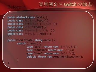 実用例２～ switch の除去 public abstract class  Food { } public class   ちくわ  : Food { } public class   ネオちくわ  :  ちくわ  { } public class   いも  : Food { } public class   じゃがいも  :  いも  { } public class   みそしる  : Food { } ～ public  Food Create(  string  name ) { switch  ( name ) { case  "taro":  return   new   ネオちくわ (); case  "hanako":  return new   いも (); case  "mae":  return new   みそしる (); default :  throw new  ArgumentException(); } } Before… 