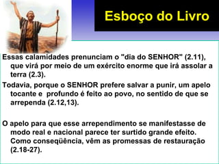 Essas calamidades prenunciam o "dia do SENHOR" (2.11),
que virá por meio de um exército enorme que irá assolar a
terra (2.3).
Todavia, porque o SENHOR prefere salvar a punir, um apelo
tocante e profundo é feito ao povo, no sentido de que se
arrependa (2.12,13).
O apelo para que esse arrependimento se manifestasse de
modo real e nacional parece ter surtido grande efeito.
Como conseqüência, vêm as promessas de restauração
(2.18-27).
Esboço do Livro
 