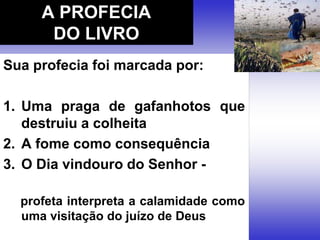 Sua profecia foi marcada por:
1. Uma praga de gafanhotos que
destruiu a colheita
2. A fome como consequência
3. O Dia vindouro do Senhor -
profeta interpreta a calamidade como
uma visitação do juízo de Deus
A PROFECIA
DO LIVRO
 