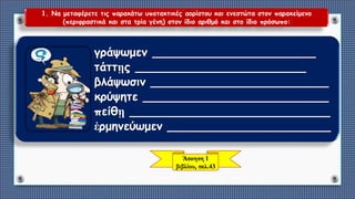 1. Να μεταφέρετε τις παρακάτω υποτακτικές αορίστου και ενεστώτα στον παρακείμενο
(περιφραστικά και στα τρία γένη) στον ίδιο αριθμό και στο ίδιο πρόσωπο:
Άσκηση 1
βιβλίου, σελ.43
γράψωμεν ______________________
τάττῃς _______________________
βλάψωσιν ________________________
κρύψητε _________________________
πείθῃ ___________________________
ἐρμηνεύωμεν ______________________
 