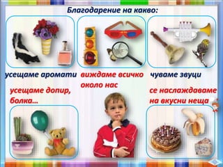 Благодарение на какво:
усещаме аромати виждаме всичко
около нас
чуваме звуци
усещаме допир,
болка…
се наслаждаваме
на вкусни неща
 