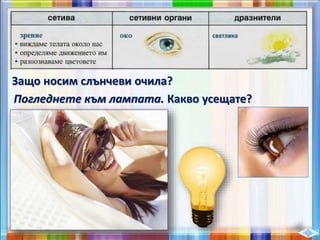 Защо носим слънчеви очила?
Погледнете към лампата. Какво усещате?
 