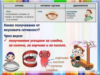 Какво получаваме от
вкусовата сетивност?
Чрез вкуса:
 получаваме усещане за сладко,
за солено, за горчиво и за кисело.
сладко
солено
кисело
горчиво
 