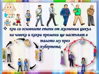  кои са основните етапи от жизнения цикъл
на човека и какви промени ще настъпят в
тялото му през
пубертета;
 