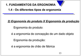 13
1. FUNDAMENTOS DA ERGONOMIA
1.4 - Os diferentes tipos de ergonomia
2) Ergonomia do produto X Ergonomia da produção
Ergonomia do produto:
é a ergonomia de concepção de um dado objeto
Ergonomia da produção:
é a ergonomia de chão de fábrica
 