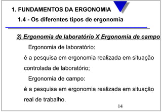 14
1. FUNDAMENTOS DA ERGONOMIA
1.4 - Os diferentes tipos de ergonomia
3) Ergonomia de laboratório X Ergonomia de campo
Ergonomia de laboratório:
é a pesquisa em ergonomia realizada em situação
controlada de laboratório;
Ergonomia de campo:
é a pesquisa em ergonomia realizada em situação
real de trabalho.
 