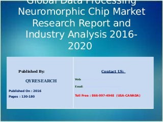 Global Data Processing
Neuromorphic Chip Market
Research Report and
Industry Analysis 2016-
2020
Published By:
QYRESEARCH
Published On : 2016
Pages : 130-180
Contact US:
Web: www.qyresearchreports.com
Email: sales@qyresearchreports.com
Toll Free : 866-997-4948 (USA-CANADA)
 