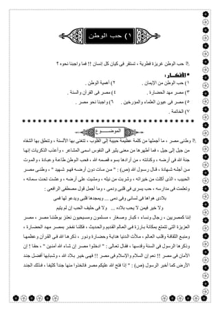  

‫؟‬ ‫ﻧﺤﻮه‬ ‫واﺟﺒﻨﺎ‬ ‫ﻓﻤﺎ‬ !! ‫إﻧﺴﺎن‬ ‫ﻛﻞ‬ ‫ﻛﯿﺎن‬ ‫ﻓﻰ‬ ‫ﺗﺴﺘﻘﺮ‬ ، ‫ﻓﻄﺮﯾﺔ‬ ‫ﻏﺮﯾﺰة‬ ‫اﻟﻮطﻦ‬ ‫ﺣﺐ‬
 
١. ‫اﻹﯾﻤﺎن‬ ‫ﻣﻦ‬ ‫اﻟﻮطﻦ‬ ‫ﺣﺐ‬ (٢. ‫اﻟﻮطﻦ‬ ‫أھﻤﯿﺔ‬ (
٣. ‫اﻟﺤﻀﺎرة‬ ‫ﻣﮭﺪ‬ ‫ﻣﺼﺮ‬ (٤. ‫واﻟﺴﻨﺔ‬ ‫اﻟﻘﺮآن‬ ‫ﻓﻰ‬ ‫ﻣﺼﺮ‬ (
٥. ‫واﻟﻤﺆرﺧﯿﻦ‬ ‫اﻟﻌﻠﻤﺎء‬ ‫ﻋﯿﻮن‬ ‫ﻓﻰ‬ ‫ﻣﺼﺮ‬ (٦. ‫ﻣﺼﺮ‬ ‫ﻧﺤﻮ‬ ‫واﺟﺒﻨﺎ‬ (
٧. ‫اﻟﺨﺎﺗﻤﺔ‬ (

‫اﻟﻣوﺿ‬‫ــــــ‬‫وع‬
‫وط‬‫اﻟﺸﻔﺎه‬ ‫ﺑﮭﺎ‬ ‫وﺗﻨﻄﻖ‬ ، ‫اﻷﻟﺴﻨﺔ‬ ‫ﺑﮭﺎ‬ ‫ﺗﺘﻐﻨﻰ‬ ، ‫اﻟﻘﻠﻮب‬ ‫إﻟﻰ‬ ‫ﺣﺒﯿﺒﺔ‬ ‫ﻋﻈﯿﻤﺔ‬ ‫ﻛﻠﻤﺔ‬ ‫ﻣﻦ‬ ‫أﺟﻤﻠﮭﺎ‬ ‫ﻣﺎ‬ ، ‫ﻣﺼﺮ‬ ‫ﻨﻰ‬
‫ﺎ‬‫إﻧﮭ‬ ‫اﻟﺬﻛﺮﯾﺎت‬ ‫وأﻋﺬب‬ ، ‫اﻟﻤﺸﺎﻋﺮ‬ ‫اﺳﻤﻰ‬ ‫اﻟﻨﻔﻮس‬ ‫ﻓﻰ‬ ‫ﯾﺜﯿﺮ‬ ‫ﻣﻌﻨﻰ‬ ‫ﻣﻦ‬ ‫أطﮭﺮھﺎ‬ ‫ﻓﻤﺎ‬ ، ‫ﺟﯿﻞ‬ ‫إﻟﻰ‬ ‫ﺟﯿﻞ‬ ‫ﻣﻦ‬
، ‫ﺎدة‬‫وﻋﺒ‬ ‫ﺔ‬‫طﺎﻋ‬ ‫ﻮطﻦ‬‫اﻟ‬ ‫ﻓﺤﺐ‬ ، ‫ﷲ‬ ‫ﻗﺼﻤﮫ‬ ‫ﺑﺴﻮء‬ ‫أرادھﺎ‬ ‫ﻣﻦ‬ ، ‫وﻛﻨﺎﻧﺘﮫ‬ ، ‫أرﺿﮫ‬ ‫ﻓﻰ‬ ‫ﷲ‬ ‫ﺟﻨﺔ‬‫ﻮت‬‫واﻟﻤ‬
‫ﺮ‬ ‫ﻣﺼ‬ ‫ﻰ‬ ‫وطﻨ‬ ، " ‫ﮭﯿﺪ‬ ‫ﺷ‬ ‫ﻮ‬ ‫ﻓﮭ‬ ‫ﮫ‬ ‫أرﺿ‬ ‫دون‬ ‫ﺎت‬ ‫ﻣ‬ ‫ﻦ‬ ‫ﻣ‬ " : (‫)ص‬ ‫ﷲ‬ ‫ﻮل‬ ‫رﺳ‬ ‫ﺎل‬ ‫ﻗ‬ ، ‫ﮭﺎدة‬ ‫ﺷ‬ ‫ﮫ‬ ‫أﺟﻠ‬ ‫ﻦ‬ ‫ﻣ‬
، ‫ﻤﺎﺋﮫ‬‫ﺳ‬ ‫ﺖ‬‫ﺗﺤ‬ ‫ﺖ‬‫وﻋﺸ‬ ، ‫أرﺿﮫ‬ ‫ﻋﻠﻰ‬ ‫وﻣﺸﯿﺖ‬ ، ‫ﻧﯿﻠﮫ‬ ‫ﻣﻦ‬ ‫وﺷﺮﺑﺖ‬ ، ‫ﺧﯿﺮاﺗﮫ‬ ‫ﻣﻦ‬ ‫أﻛﻠﺖ‬ ‫اﻟﺬى‬ ، ‫اﻟﺤﺒﯿﺐ‬
: ‫اﻟﺮاﻓﻌﻰ‬ ‫ﻣﺼﻄﻔﻰ‬ ‫ﻗﻮل‬ ‫أﺟﻤﻞ‬ ‫وﻣﺎ‬ ، ‫ودﻣﻰ‬ ‫ﻗﻠﺒﻰ‬ ‫ﻓﻰ‬ ‫ﯾﺴﺮى‬ ‫ﺣﺐ‬ ، ‫ﻣﺪارﺳﮫ‬ ‫ﻓﻰ‬ ‫وﺗﻌﻠﻤﺖ‬
‫ﻟﺴ‬ ‫ﻓﻰ‬ ‫ھﻮاھﺎ‬ ‫ﺑﻼدى‬‫ﻓﻤﻰ‬ ‫ﻟﮭﺎ‬ ‫وﯾﺪﻋﻮ‬ ‫ﻗﻠﺒﻰ‬ ‫وﯾﻤﺠﺪھﺎ‬ ... ‫دﻣﻰ‬ ‫وﻓﻰ‬ ‫ﺎﻧﻰ‬
‫ﯾﺘﯿﻢ‬ ‫ﻟﻢ‬ ‫إن‬ ‫اﻟﺤﺐ‬ ‫ﺣﻠﯿﻒ‬ ‫ﻓﻰ‬ ‫وﻻ‬ ... ‫ﺑﻼده‬ ‫ﯾﺤﺐ‬ ‫ﻻ‬ ‫ﻓﯿﻤﻦ‬ ‫ﺧﯿﺮ‬ ‫وﻻ‬
‫ﺮ‬‫ﻣﺼ‬ ، ‫ﺮ‬‫ﻣﺼ‬ ‫ﺎ‬‫ﺑﻮطﻨﻨ‬ ‫ﺰ‬‫ﻧﻌﺘ‬ ‫ﯿﺤﯿﻮن‬‫وﻣﺴ‬ ‫ﻠﻤﻮن‬‫ﻣﺴ‬ ، ‫ﻐﺎر‬‫وﺻ‬ ‫ﺎر‬‫ﻛﺒ‬ ، ‫وﻧﺴﺎء‬ ‫رﺟﺎل‬ ، ‫ﻛﻤﺼﺮﯾﯿﻦ‬ ‫إﻧﻨﺎ‬
‫ﺮ‬‫ﻧﻔﺨ‬ ‫ﺎ‬‫ﻓﻜﻠﻨ‬ ، ‫ﺪﯾﺚ‬‫واﻟﺤ‬ ‫ﺪﯾﻢ‬‫اﻟﻘ‬ ‫ﺎﻟﻢ‬‫اﻟﻌ‬ ‫ﻰ‬‫ﻓ‬ ‫ﺎرزة‬‫ﺑ‬ ‫ﺑﻤﻜﺎﻧﺔ‬ ‫ﺗﺘﻤﺘﻊ‬ ‫اﻟﺘﻰ‬ ‫اﻟﻌﺰﯾﺰة‬، ‫ﺎرة‬‫اﻟﺤﻀ‬ ‫ﺪ‬‫ﻣﮭ‬ ‫ﺮ‬‫ﺑﻤﺼ‬
‫ﺎ‬‫وﻋﻈﻤﮭ‬ ‫ﺮآن‬‫اﻟﻘ‬ ‫ﻰ‬‫ﻓ‬ ‫ﷲ‬ ‫ﺎ‬‫ذﻛﺮھ‬ ، ‫ﻮر‬‫وﻧ‬ ‫ﺎرة‬‫وﺣﻀ‬ ‫ﺔ‬‫ھﺪاﯾ‬ ‫ﺪﻧﯿﺎ‬‫اﻟ‬ ‫ﻸت‬‫ﻣ‬ ، ‫ﺎﻟﻢ‬‫اﻟﻌ‬ ‫ﺐ‬‫وﻗﻠ‬ ‫ﺔ‬‫اﻟﺜﻘﺎﻓ‬ ‫ﻊ‬‫وﻣﻨﺒ‬
‫إن‬ ! ‫ﺎ‬‫ﺣﻘ‬ ، " ‫ﯿﻦ‬‫آﻣﻨ‬ ‫ﷲ‬ ‫ﺎء‬‫ﺷ‬ ‫إن‬ ‫ﺮ‬‫ﻣﺼ‬ ‫ﻮا‬‫ادﺧﻠ‬ " : ‫ﺎﻟﻰ‬‫ﺗﻌ‬ ‫ﺎل‬‫ﻓﻘ‬ ، ‫وﻗﺪﺳﮭﺎ‬ ‫اﻟﺴﻨﺔ‬ ‫ﻓﻰ‬ ‫اﻟﺮﺳﻮل‬ ‫وذﻛﺮھﺎ‬
‫ﻼ‬‫ﺑ‬ ‫ﺮ‬‫ﺧﯿ‬ ‫ﻰ‬‫ﻓﮭ‬ !! ‫ﻣﺼﺮ‬ ‫ﻓﻰ‬ ‫واﻹﺳﻼم‬ ‫اﻟﺴﻼم‬ ‫إن‬ ‫ﻧﻌﻢ‬ !! ‫ﻣﺼﺮ‬ ‫ﻓﻰ‬ ‫اﻷﻣﺎن‬‫ﺪ‬‫ﺟﻨ‬ ‫ﻞ‬‫أﻓﻀ‬ ‫ﺒﺎﺑﮭﺎ‬‫وﺷ‬ ، ‫ﷲ‬ ‫د‬
‫ﺪ‬‫اﻟﺠﻨ‬ ‫ﺬﻟﻚ‬‫ﻓ‬ ، ‫ﺎ‬‫ﻛﺜﯿﻔ‬ ً‫ا‬‫ﺟﻨﺪ‬ ‫ﻣﻨﮭﺎ‬ ‫ﻓﺎﺗﺨﺬوا‬ ‫ﻣﺼﺮ‬ ‫ﻋﻠﯿﻜﻢ‬ ‫ﷲ‬ ‫ﻓﺘﺢ‬ ‫إذا‬ " : (‫)ص‬ ‫اﻟﺮﺳﻮل‬ ‫أﺧﺒﺮ‬ ‫ﻛﻤﺎ‬ ‫اﻷرض‬
 