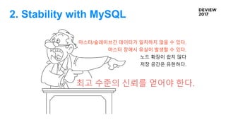 2. Stability with MySQL
마스터/슬레이브간 데이터가 일치하지 않을 수 있다.
마스터 장애시 유실이 발생할 수 있다.
노드 확장이 쉽지 않다
저장 공간은 유한하다.
최고 수준의 신뢰를 얻어야 한다.
 