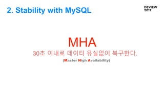 2. Stability with MySQL
MHA
30초 이내로 데이터 유실없이 복구한다.
(Master High Availability)
 