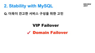 Q. 더욱더 견고한 서비스 구성을 위한 고민
Domain Failover
VIP Failover
2. Stability with MySQL
 