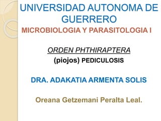 UNIVERSIDAD AUTONOMA DE
GUERRERO
MICROBIOLOGIA Y PARASITOLOGIA I
ORDEN PHTHIRAPTERA
(piojos) PEDICULOSIS
DRA. ADAKATIA ARMENTA SOLIS
Oreana Getzemani Peralta Leal.
 