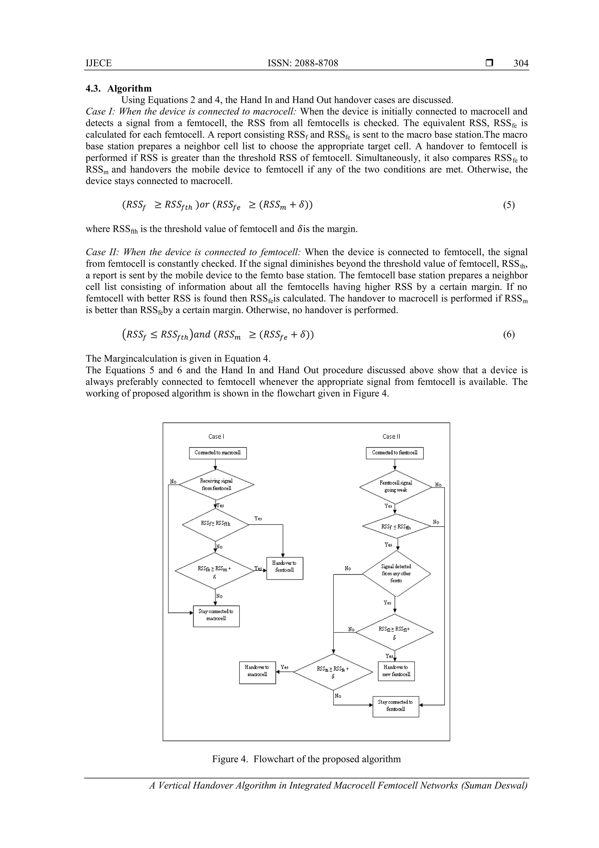 IJECE ISSN: 2088-8708 
A Vertical Handover Algorithm in Integrated Macrocell Femtocell Networks (Suman Deswal)
304
4.3. Algorithm
Using Equations 2 and 4, the Hand In and Hand Out handover cases are discussed.
Case I: When the device is connected to macrocell: When the device is initially connected to macrocell and
detects a signal from a femtocell, the RSS from all femtocells is checked. The equivalent RSS, RSSfe is
calculated for each femtocell. A report consisting RSSf and RSSfe is sent to the macro base station.The macro
base station prepares a neighbor cell list to choose the appropriate target cell. A handover to femtocell is
performed if RSS is greater than the threshold RSS of femtocell. Simultaneously, it also compares RSSfe to
RSSm and handovers the mobile device to femtocell if any of the two conditions are met. Otherwise, the
device stays connected to macrocell.
( ) ( ( )) (5)
where RSSfth is the threshold value of femtocell and is the margin.
Case II: When the device is connected to femtocell: When the device is connected to femtocell, the signal
from femtocell is constantly checked. If the signal diminishes beyond the threshold value of femtocell, RSSth,
a report is sent by the mobile device to the femto base station. The femtocell base station prepares a neighbor
cell list consisting of information about all the femtocells having higher RSS by a certain margin. If no
femtocell with better RSS is found then RSSfeis calculated. The handover to macrocell is performed if RSSm
is better than RSSfeby a certain margin. Otherwise, no handover is performed.
( ) ( ( )) (6)
The Margincalculation is given in Equation 4.
The Equations 5 and 6 and the Hand In and Hand Out procedure discussed above show that a device is
always preferably connected to femtocell whenever the appropriate signal from femtocell is available. The
working of proposed algorithm is shown in the flowchart given in Figure 4.
Figure 4. Flowchart of the proposed algorithm
 