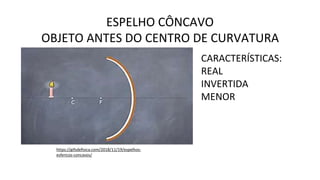 ESPELHO CÔNCAVO
OBJETO ANTES DO CENTRO DE CURVATURA
https://gifsdefisica.com/2018/11/19/espelhos-
esfericos-concavos/
CARACTERÍSTICAS:
REAL
INVERTIDA
MENOR
 