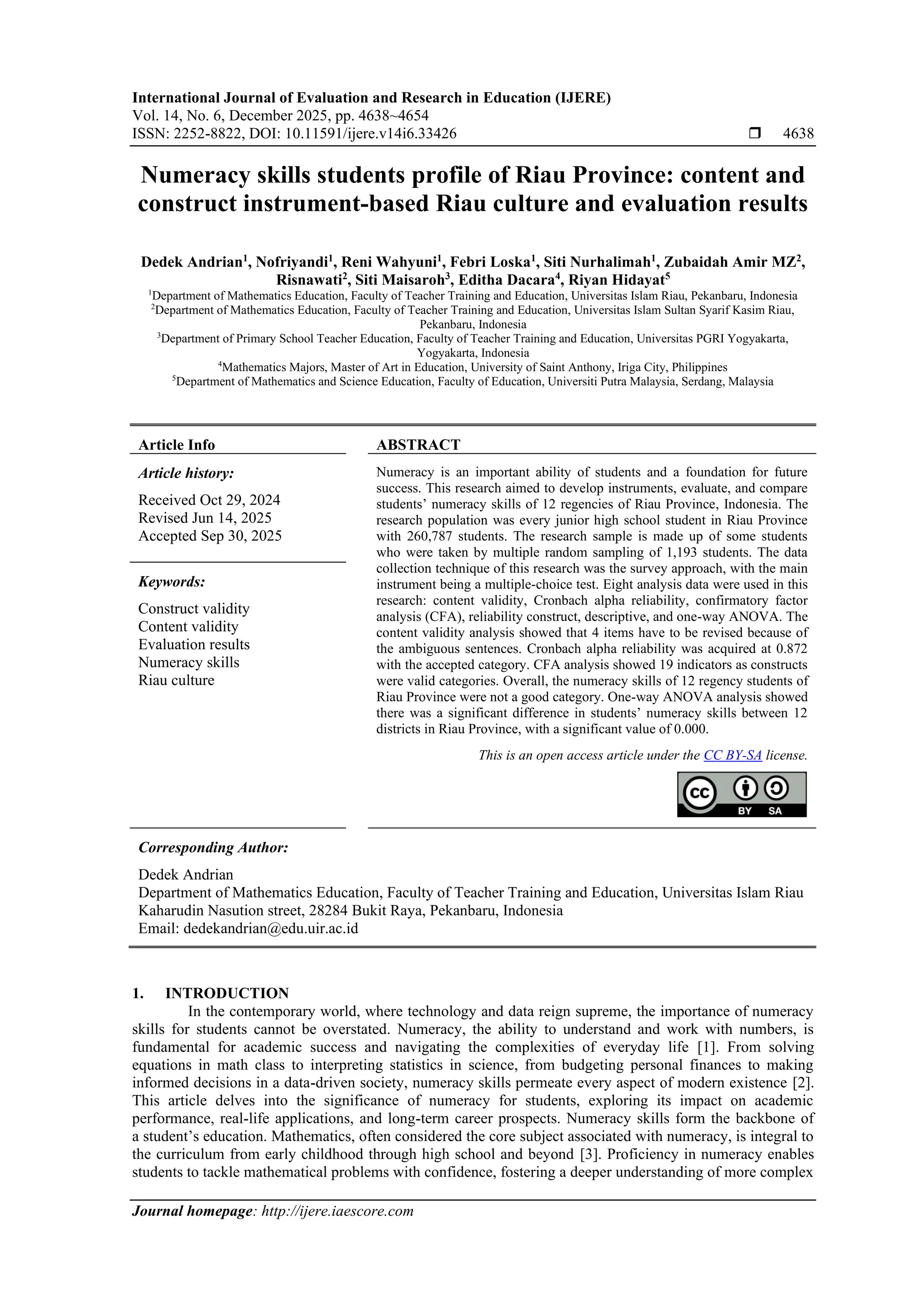 Numeracy skills students profile of Riau Province: content and ...