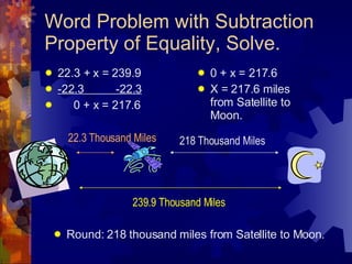 Word Problem with Subtraction Property of Equality, Solve. 22.3 + x = 239.9 -22.3  -22.3 0 + x = 217.6 239.9 Thousand Miles 22.3 Thousand Miles 218 Thousand Miles 0 + x = 217.6 X = 217.6 miles from Satellite to Moon. Round: 218 thousand miles from Satellite to Moon.  